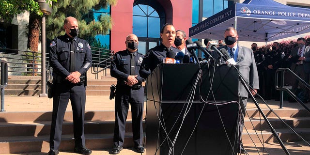 Police Lt. Jennifer Amat speaks at a press conference at the Orange Police Department headquarters in Orange, Calif., Thursday, April 1, 2021. A child was among four people killed Wednesday in a building shooting of Southern California offices that left behind a fifth.  injured victim and the seriously injured gunman, police said.  (AP Photo / Stefanie Dazio)