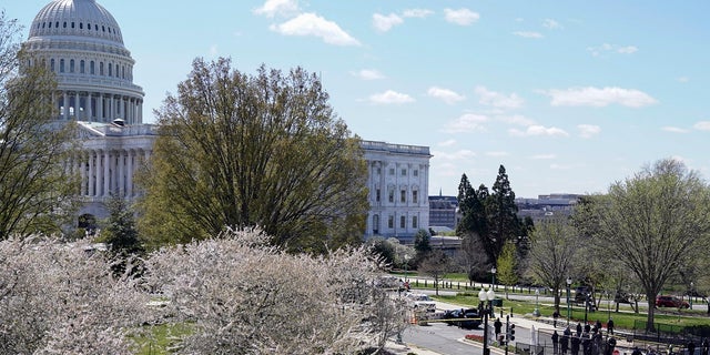 Police officers surround the scene Friday after a car crashed into a barrier on Capitol Hill on the Senate side of the U.S. Capitol in Washington. One Capitol Police officer and a suspect have died