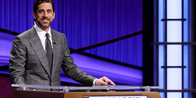 Green Bay Packers quarterback Aaron Rodgers as he guest hosts the game show "Jeopardy!"