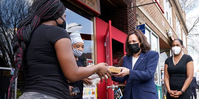 Vice President Kamala Harris visits Brown Sugar Bakery Tuesday, April 6, 2021 in Chicago. At right is Illinois Lt. Gov. Juliana Stratton. (AP Photo/Jacquelyn Martin)