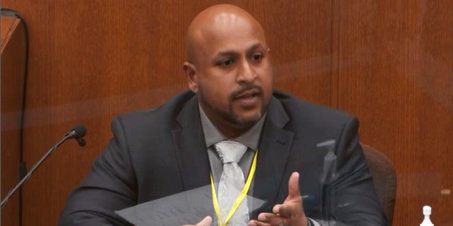 Senior Special Agent James Reyerson of the Minnesota Bureau of Criminal Apprehension testifies as Hennepin County Judge Peter Cahill presides Wednesday in the trial of former Minneapolis police Officer Derek Chauvin. (Court TV via AP, Pool)