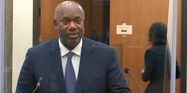In this image from video, prosecutor Jerry Blackwell questions Dr. Lindsey Thomas, a forensic pathologist, now retired, as Hennepin County Judge Peter Cahill presides Friday, April 9, 2021, in the trial of former Minneapolis police Officer Derek Chauvin at the Hennepin County Courthouse in Minneapolis. Chauvin is charged in the May 25, 2020 death of George Floyd. (Court TV via AP, Pool)