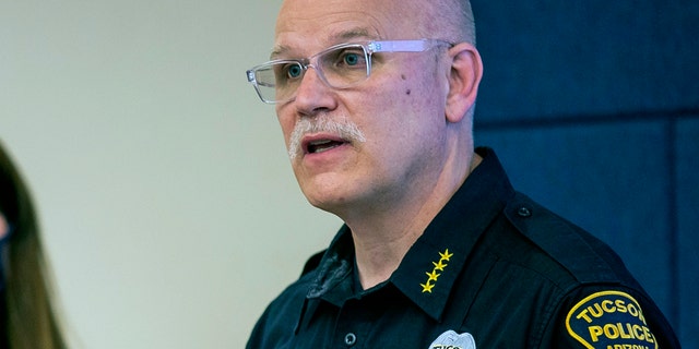 In this June 24, 2020 file photo, Tucson Police Chief Chris Magnus speaks during a press conference in Tucson, Ariz. (Josh Galemore/Arizona Daily Star via AP)