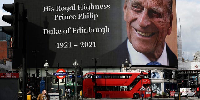 A tribute to Britain's Prince Philip is projected onto a large screen at Piccadilly Circus in central London on April 9.