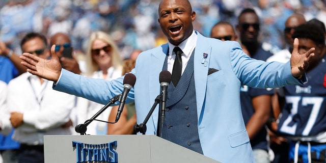 Former Tennessee Titans running back Eddie George speaks as his number 27 is retired during a halftime ceremony at an NFL football game between the Titans and the Indianapolis Colts in Nashville, in this Sunday, Sept. 15, 2019, file photo.