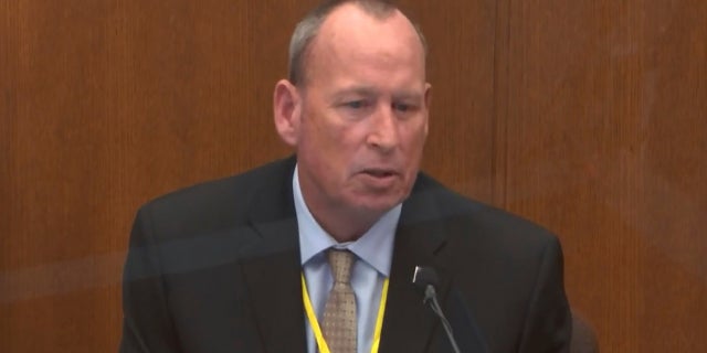 In this image from video, former Minneapolis Police Officer Scott Creighton testifies as Hennepin County Judge Peter Cahill presides, Tuesday, April 13, 2021, in the trial of former Minneapolis police Officer Derek Chauvin at the Hennepin County Courthouse in Minneapolis, Minn. (Court TV via AP, Pool)