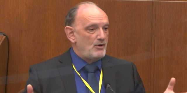 In this image from video, Dr. David Fowler testifies as Hennepin County Judge Peter Cahill presides, Wednesday, April 14, 2021, in the trial of former Minneapolis police Officer Derek Chauvin at the Hennepin County Courthouse in Minneapolis, Minn. Chauvin is charged in the May 25, 2020 death of George Floyd. 