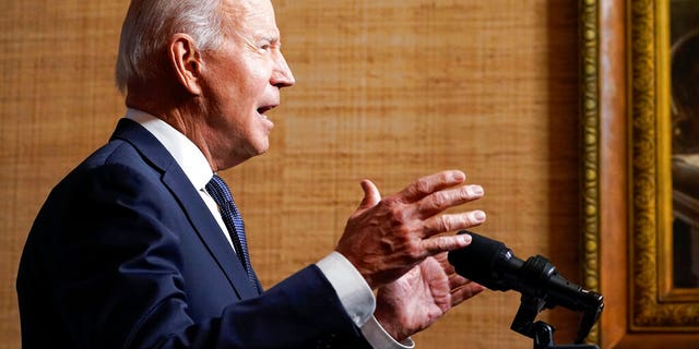 President Biden speaks from the Treaty Room in the White House on Wednesday, April 14, 2021, about the withdrawal of the remainder of U.S. troops from Afghanistan. (AP Photo/Andrew Harnik, Pool)