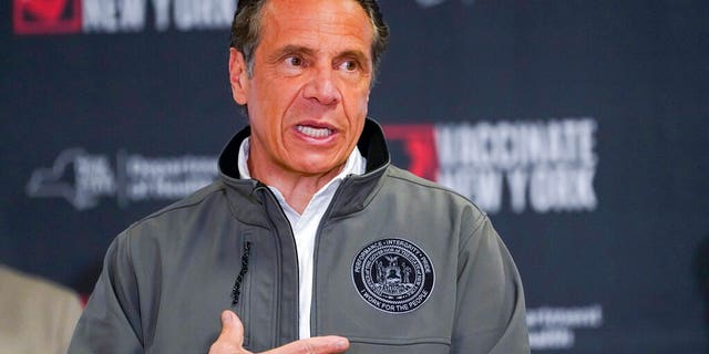 Gov. Andrew Cuomo speaks during a news conference, Wednesday, April 14, 2021 at a pop up COVID-19 vaccination sight at Belmont Park in Elmont, N.Y.