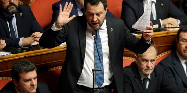 In this Feb. 12, 2020 file photo, then opposition leader Matteo Salvini speaks at the end of the debate at the Italian Senate on whether to allow him to be prosecuted. (AP Photo/Andrew Medichini, file)
