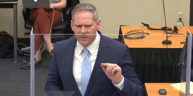 In this image from video, prosecutor Steve Schleicher gives closing arguments as Hennepin County Judge Peter Cahill presides Monday, April 19, 2021, in the trial of former Minneapolis police Officer Derek Chauvin. (Court TV via AP, Pool)