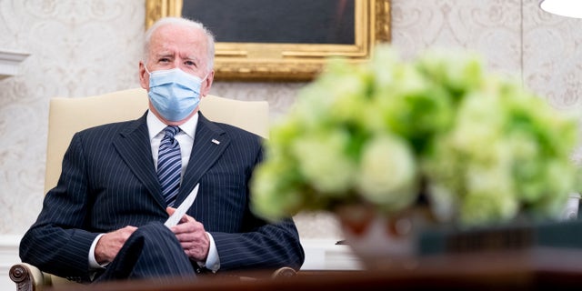 President Joe Biden meets with members of congress to discuss his jobs plan in the Oval Office of the White House in Washington, Monday, April 19, 2021. (AP Photo/Andrew Harnik)