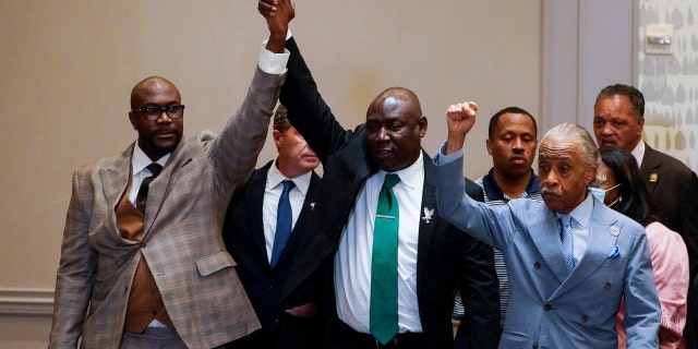 Philonise Floyd, Attorney Ben Crump and the Rev, Al Sharpton, from left, react after a guilty verdict was announced at the trial of former Minneapolis police Officer Derek Chauvin for the 2020 death of George Floyd, Tuesday, April 20, 2021. (AP Photo/Julio Cortez)