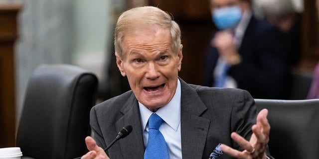 Former Sen. Bill Nelson, nominee to be administrator of NASA, testifies during a Senate Committee on Commerce, Science, and Transportation confirmation hearing, Wednesday, April 21, 2021 on Capitol Hill in Washington. (Graeme Jennings/Pool via AP)