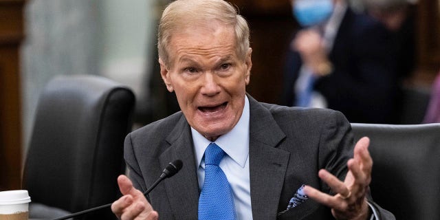 Former Sen. Bill Nelson, nominee to be administrator of NASA, testifies during a Senate Committee on Commerce, Science, and Transportation confirmation hearing, Wednesday, April 21, 2021 on Capitol Hill in Washington. (Graeme Jennings/Pool via AP)