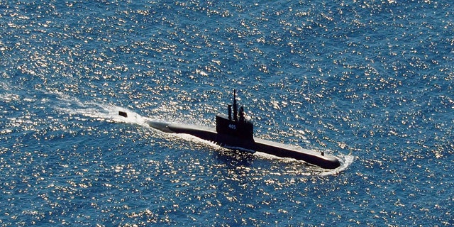 In this aerial photo taken from a maritime patrol aircraft of 800 Air Squadron of the 2nd Air Wing of Naval Aviation Center (PUSPENERBAL), the Indonesian Navy submarine KRI Alugoro sails during a search for KRI Nanggala, another submarine that went missing while participating in a training exercise on Wednesday, in the waters off Bali Island, Indonesia, Thursday, April 22, 2021. (AP Photo/Eric Ireng)