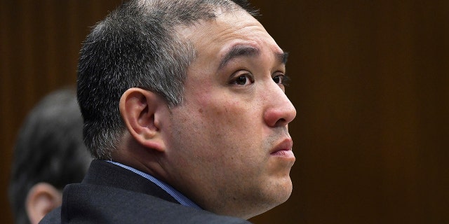 Former Michigan state Trooper Mark Bessner listens to the prosecutor during his trial in Detroit, April 10, 2019. (Associated Press)