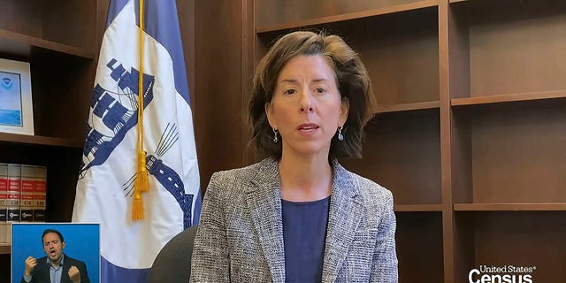 In this image from video provided by the U.S. Census Bureau, Commerce Secretary Gina Raimondo speaks during a virtual news conference Monday, April 26. The Census Bureau is releasing the first data from its 2020 headcount. (U.S. Census Bureau via AP)