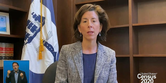 In this image from video provided by the U.S. Census Bureau, Commerce Secretary Gina Raimondo speaks during a virtual news conference Monday, April 26. The Census Bureau is releasing the first data from its 2020 headcount. (U.S. Census Bureau via AP)