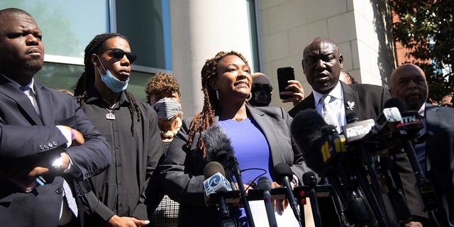 Attorney Chantel Cherry-Lassiter speaks outside the Pasquotank County Public Safety building in Elizabeth City, N.C. Monday April 26, 2021 after viewing 20 seconds of police body camera video. (Travis Long/The News &amp; Observer via AP)