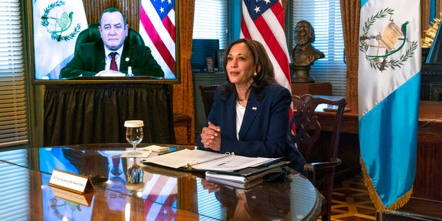 Vice President Kamala Harris meets virtually with Guatemala's President Alejandro Giammattei, seen on screen at left, Monday, April 26, 2021, from her ceremonial office at the Eisenhower Executive Office Building on the White House complex in Washington. (AP Photo/Jacquelyn Martin)