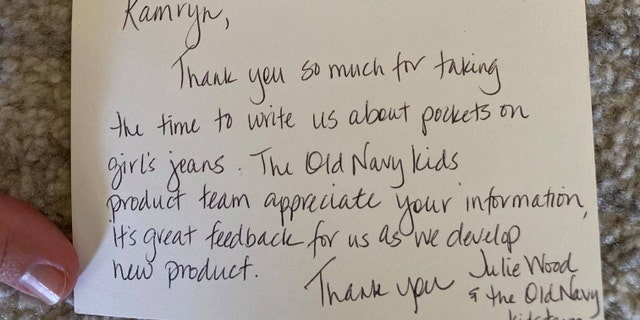 Old Navy eventually responded to Gardner with a handwritten note and four pairs of girls’ jeans with pockets.