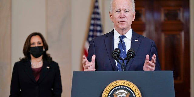 President Joe Biden, accompanied by Vice President Kamala Harris, speaks Tuesday, April 20, 2021, at the White House in Washington, after former Minneapolis police Officer Derek Chauvin was convicted of murder and manslaughter in the death of George Floyd. (Associated Press)