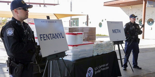 Packets of fentanyl mostly in powder form and methamphetamine, which U.S. Customs and Border Protection say they seized from a truck crossing into Arizona from Mexico, are on display during a news conference at the Port of Nogales, Arizona, on Jan. 31, 2019. 