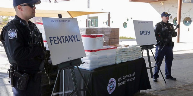 Jan 31, 2019: Packets of fentanyl mostly in powder form and methamphetamine, which U.S. Customs and Border Protection say they seized from a truck crossing into Arizona from Mexico, is on display during a news conference at the Port of Nogales, Arizona. Courtesy U.S. Customs and Border Protection/Handout via Reuters