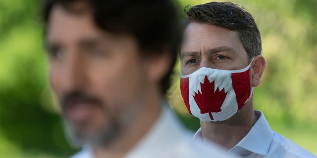 In this photo taken on June 19, 2020, Liberal Member of Parliament William Amos wears a Canadian flag mask as Prime Minister Justin Trudeau speaks during a news conference in Chelsea, Quebec. Amos, who has represented the Quebec district of Pontiac since 2015, appeared on the screens of his fellow lawmakers completely naked on Wednesday, April 14, 2021.