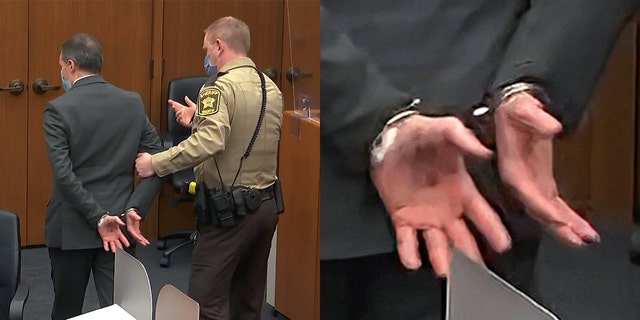 In hierdie beeld van die video, former Minneapolis police Officer Derek Chauvin, sentrum, is taken into custody as his attorney, Eric Nelson, links, looks on, after the verdicts were read at Chauvin's trial for the 2020 death of George Floyd, Dinsdag, April 20, 2021, in die Hennepin County Courthouse in Minneapolis, Minnesota. 