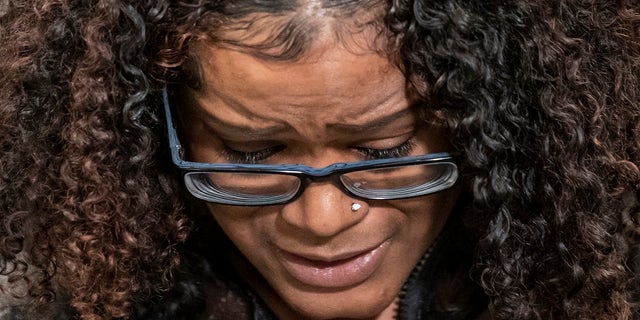 Chyna Whitaker, mother of Daunte Wright's son, speaks during a news conference. (AP Photo/John Minchillo)