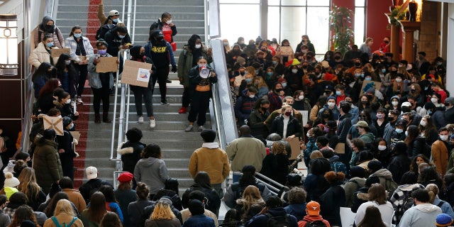 Students gather at the Ohio Union on the campus of Ohio State University on Wednesday to protest the shooting of Ma'Khia Bryant. (AP)