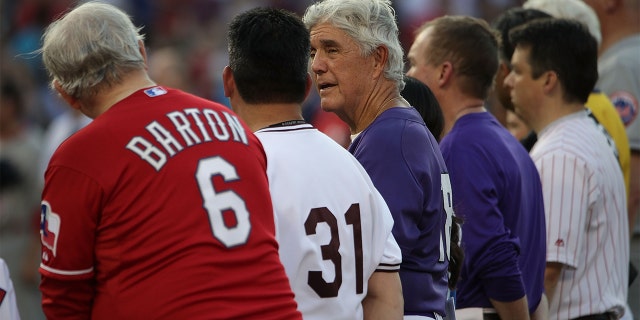 Rep. Roger Williams (R-TX) (3rd L) talks to Rep. Joe Barton (R-TX) (L) prior to the 56th Annual Congressional Baseball Game for Charity at the National Park June 15, 2017 in Washington, DC.