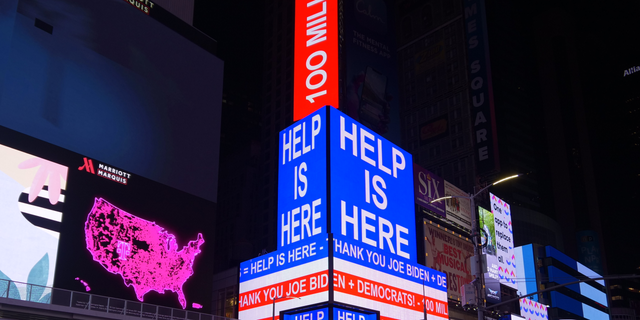 DNC billboard in New York City's Times Square thanking President Biden for the coronavirus relief law in March 2021. (Democratic National Committee)