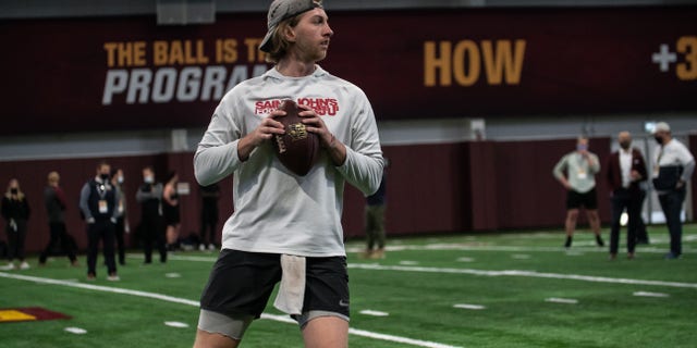 Former SJU quarterback Jackson Erdmann throws at Minnesota's Pro Day on Thursday, April 1, 2020.