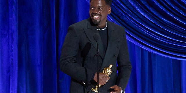 In this handout photo provided by A.M.P.A.S., Daniel Kaluuya accepts the Actor in a Supporting Role award for 'Judas and the Black Messiah' onstage during the 93rd Annual Academy Awards at Union Station on April 25, 2021, in Los Angeles, California. (Photo by Todd Wawrychuk/A.M.P.A.S. via Getty Images)