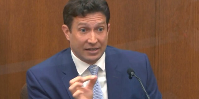 In this image from video, Dr. Jonathan Rich, a cardiologist, testifies as Hennepin County Judge Peter Cahill presides over court Monday, April 12, 2021, in the trial of former Minneapolis police Officer Derek Chauvin at the Hennepin County Courthouse in Minneapolis. (Court TV via AP, Pool)