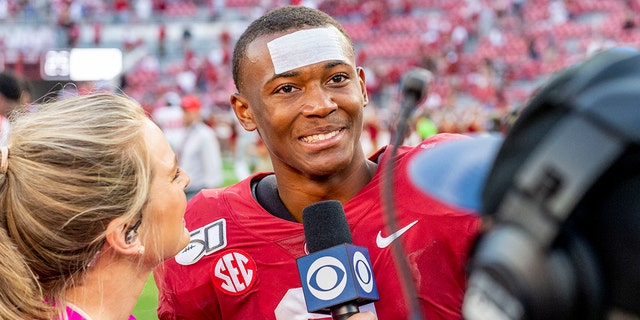 FILE - Alabama's DeVonta Smith speaks with the media after an NCAA college football game against Mississippi in Tuscaloosa, Ala., in this Saturday, Sept. 28, 2019, file photo. DeVonta Smith is expected to be a first round pick in the NFL Draft, April 29-May 1, 2021, in Cleveland. (AP Photo/Vasha Hunt, File)
