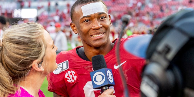 FILE - Alabama's DeVonta Smith speaks with the media after an NCAA college football game against Mississippi in Tuscaloosa, Ala., in this Saturday, Sept. 28, 2019, file photo. DeVonta Smith is expected to be a first round pick in the NFL Draft, April 29-May 1, 2021, in Cleveland. (AP Photo/Vasha Hunt, File)