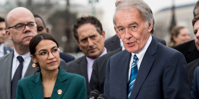 Sen. Ed Markey, D-Mass., and Rep. Alexandria Ocasio-Cortez, D-N.Y., hold a press conference on the Green New Deal Resolution outside of the Capitol on Thursday, Feb. 7, 2019. (Photo By Bill Clark/CQ Roll Call)
