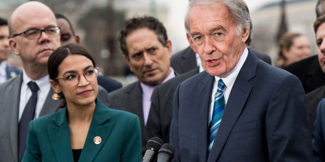 Sen. Ed Markey, D-Mass., and Rep. Alexandria Ocasio-Cortez, D-N.Y., hold a press conference on the Green New Deal Resolution outside of the Capitol on Thursday, Feb. 7, 2019. (Photo By Bill Clark/CQ Roll Call)