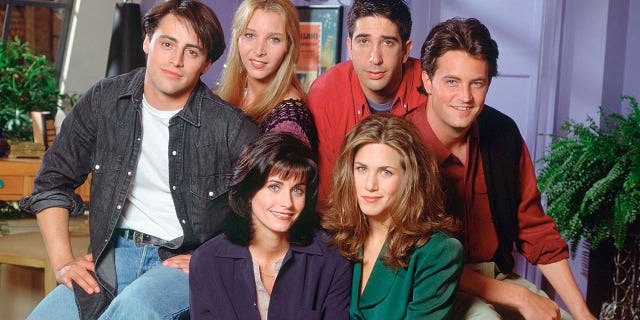 The cast of ‘Friends’ is seen pictured in Season 1 (clockwise from bottom left) Courteney Cox Arquette as Monica Geller, Matt LeBlanc as Joey Tribbiani, Lisa Kudrow as Phoebe Buffay, David Schwimmer as Ross Geller, Matthew Perry as Chandler Bing, Jennifer Aniston as Rachel Green. (Photo by Reisig & Taylor/NBCU Photo Bank/NBCUniversal via Getty Images via Getty Images)