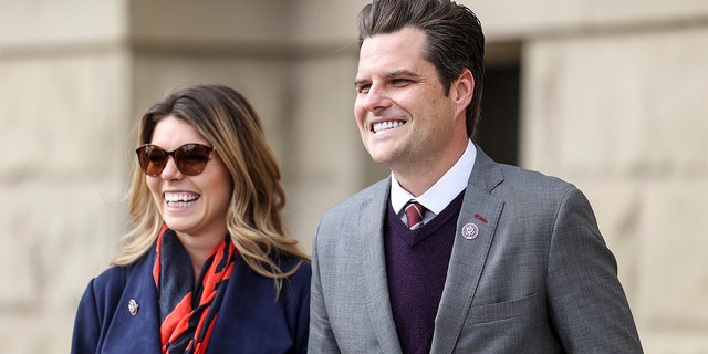 CHEYENNE, WY - JANUARY 28: Rep. Matt Gaetz (R-FL) walks with his fiancee Ginger Luckey before speaking to a crowd during a rally against Rep. Liz Cheney (R-WY) on January 28, 2021 in Cheyenne, Wyoming. Gaetz added his voice to a growing effort to vote Cheney out of office after she voted in favor of impeaching Donald Trump. (Photo by Michael Ciaglo/Getty Images)