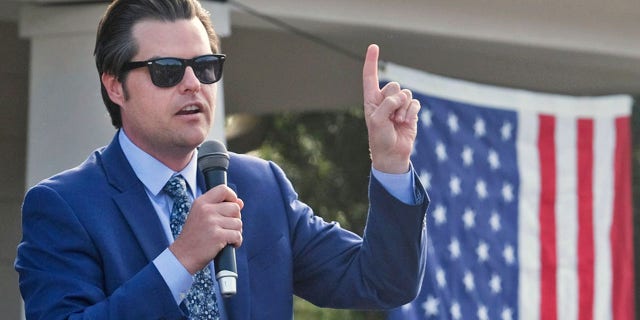 Congressman Matt Gaetz speaks during an outdoor town hall style meeting at the Niceville-Valparaiso Chamber of Commerce Building in Niceville. Gaetz Town Hall