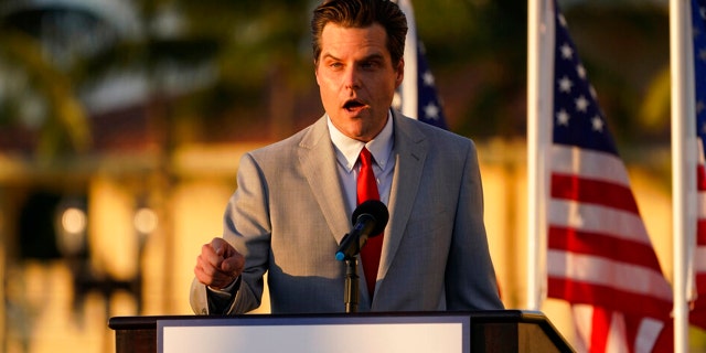 Congressman Matt Gaetz, R-Fla., speaks at "Women for American First" event, Friday, April 9, 2021, in Doral, Fla. The House Ethics Committee has opened an investigation of Rep. Gaetz, citing reports of sexual and other misconduct by the Florida Republican. (AP Photo/Marta Lavandier)