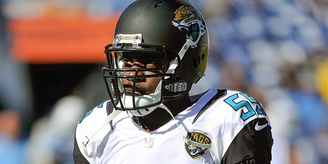 Geno Hayes #55 of the Jacksonville Jaguars warms up prior to a game against the Tennessee Titans at LP Field on November 10, 2013, in Nashville, Tennessee. (Photo by Frederick Breedon/Getty Images)