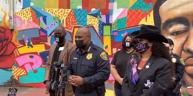 Houston Police Chief Troy Finner, during a press conference Thursday in front of the mural