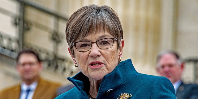 Democrat Governor Laura Kelly delivers her inaugural speech is front of the steps of the Kansas State Capitol building Topeka, Kansas, January 14, 2019. (Photo by Mark Reinstein/Corbis via Getty Images)