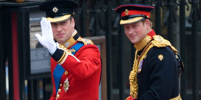 Prince William and Prince Harry arrive to attend the Royal Wedding of Prince William to Catherine Middleton at Westminster Abbey on April 29, 2011, in London, England. The marriage of the second in line to the British throne is to be led by the Archbishop of Canterbury and will be attended by 1900 guests, including foreign Royal family members and heads of state. Thousands of well-wishers from around the world have also flocked to London to witness the spectacle and pageantry of the royal wedding. 